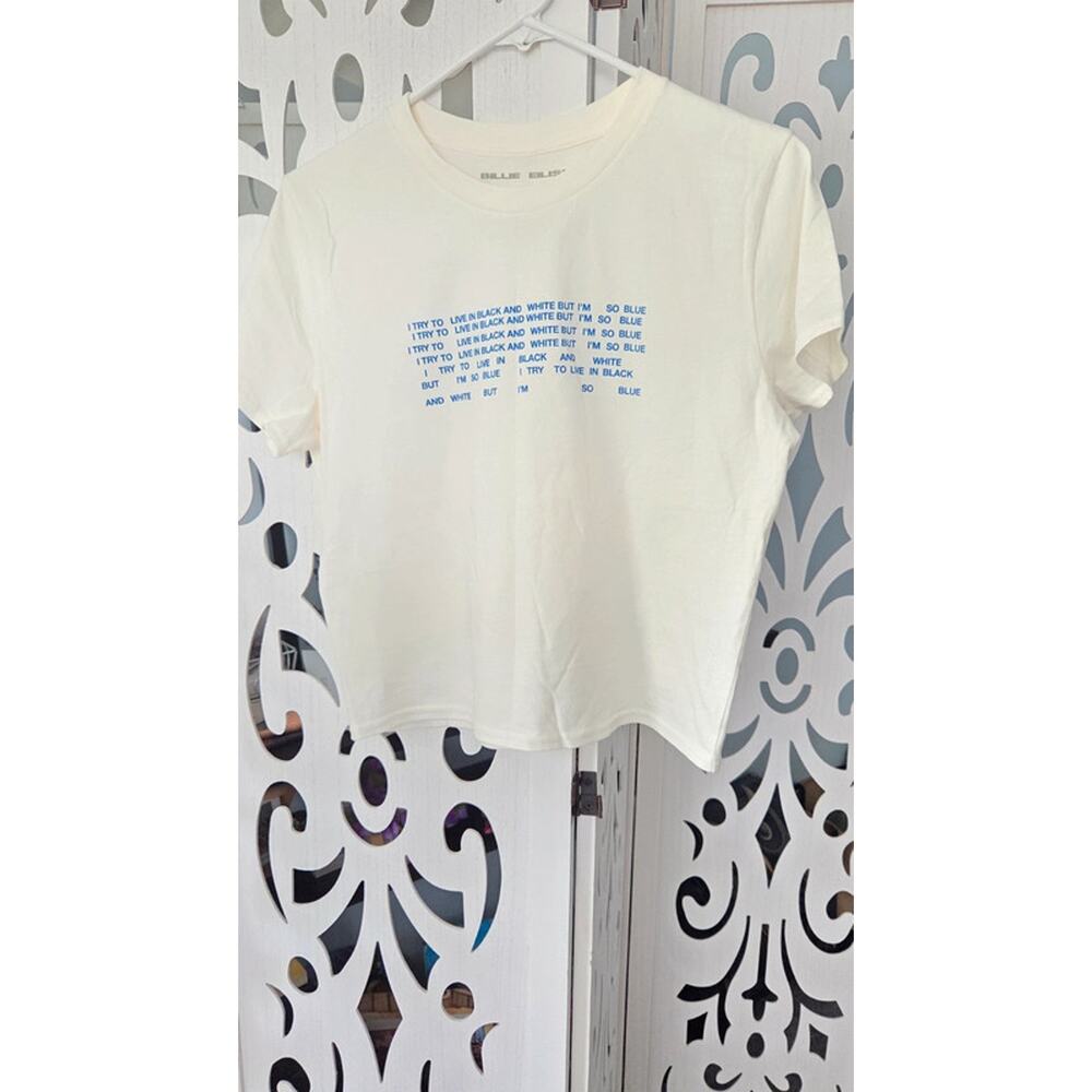 Billie Eilish "BLUE" Lyrics  Blohsh White Crop Tee Hit Me Hard and Soft Tour XL